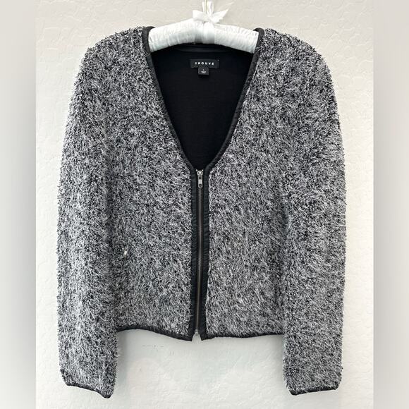 TROUVÉ | Cropped Contemporary Black White Textured Zip Jacket | Size Large - Picture 1 of 8